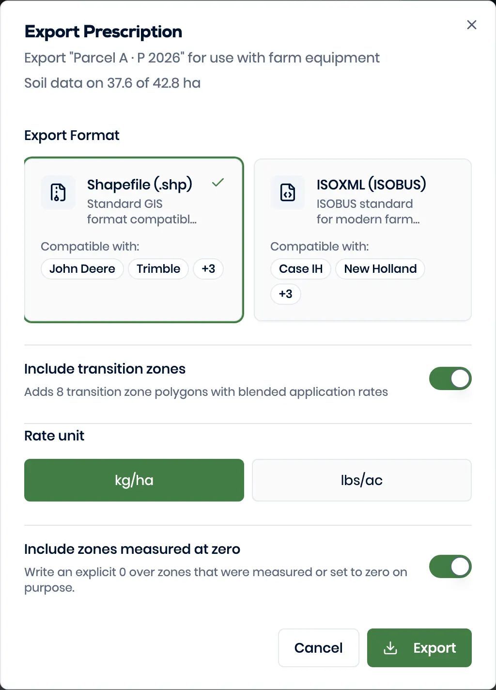 Genuine Better Yield export dialog showing ISOXML and Shapefile choices for a variable-rate plan.