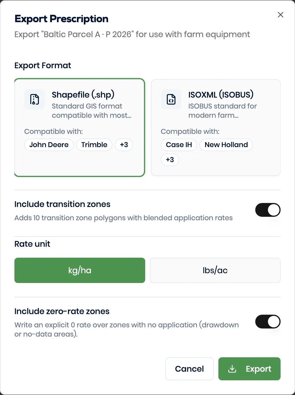 Genuine Better Yield export dialog showing ISOXML and Shapefile choices for a fictional variable-rate plan.