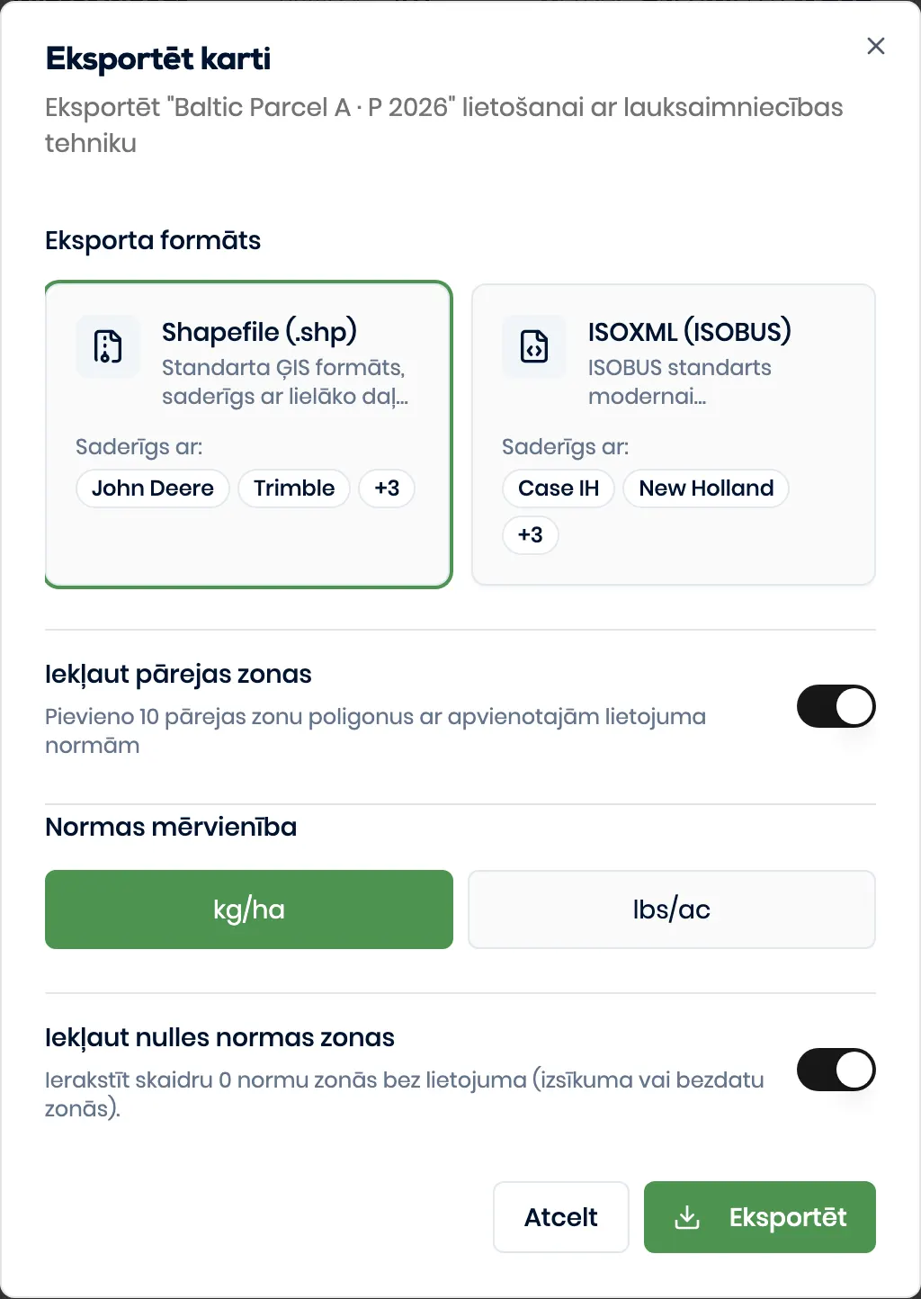 Īsts Better Yield eksporta dialoglodziņš ar ISOXML un Shapefile izvēli fiktīvai mainīgo normu kartei.