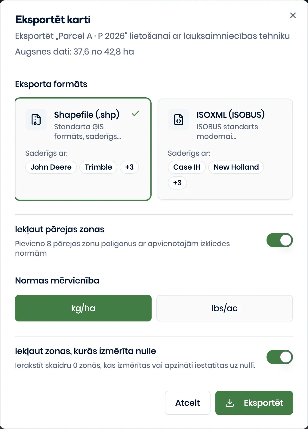 Īsts Better Yield eksporta dialoglodziņš ar ISOXML un Shapefile izvēli Mainīgo normu kartei.