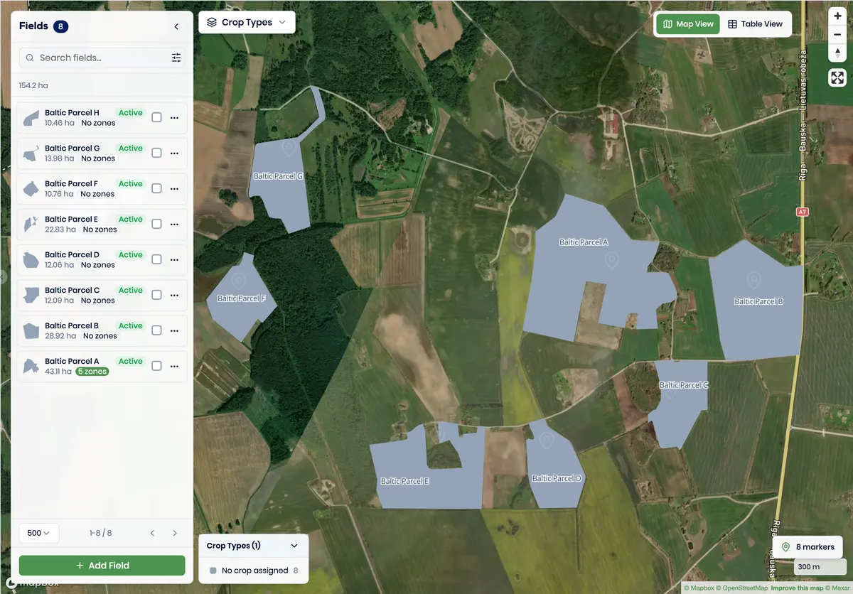 Genuine Better Yield field view with several fictional irregular boundaries and one selected field.