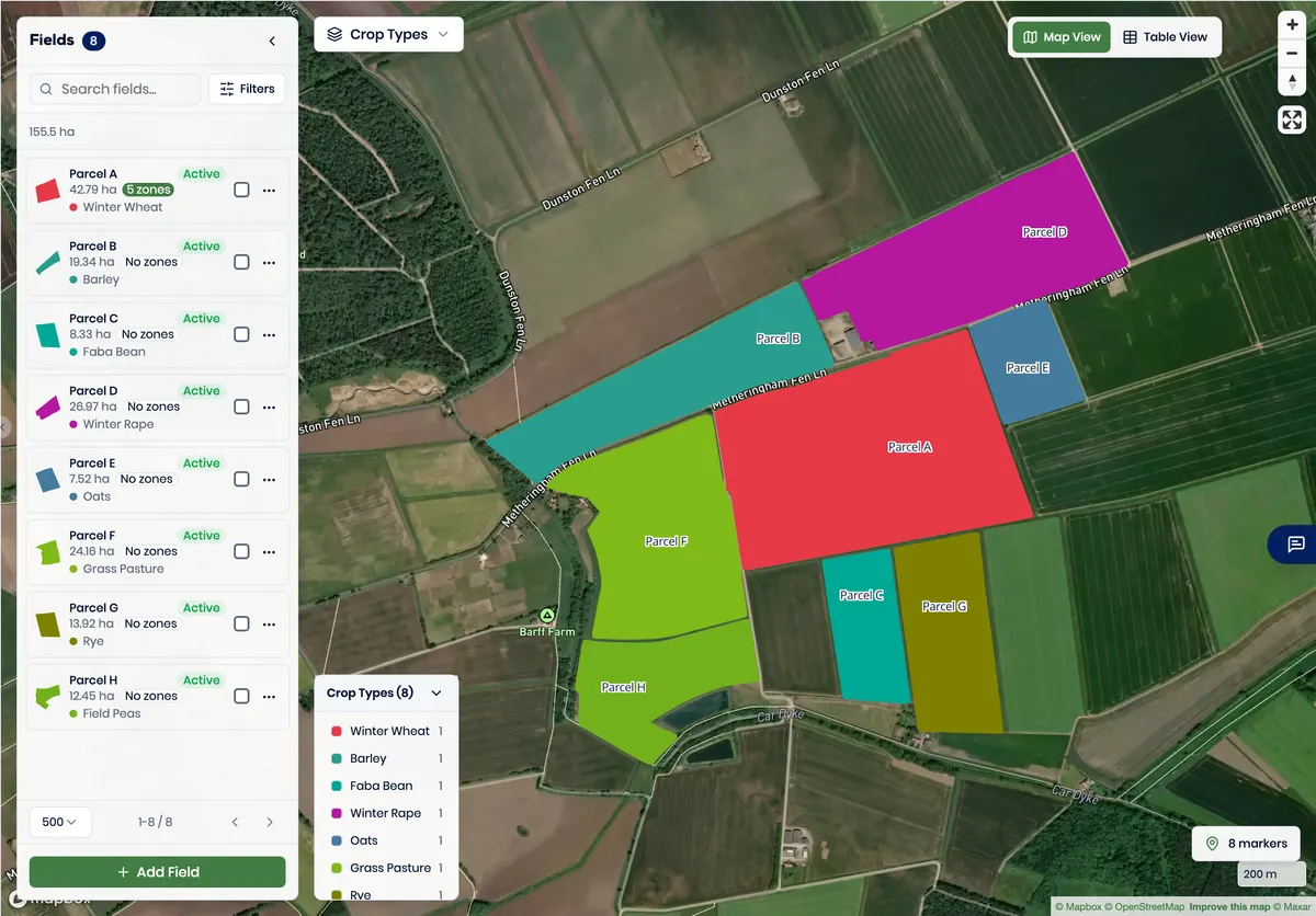 Genuine Better Yield interface showing eight irregular fields; the field list marks Parcel A with five zones.