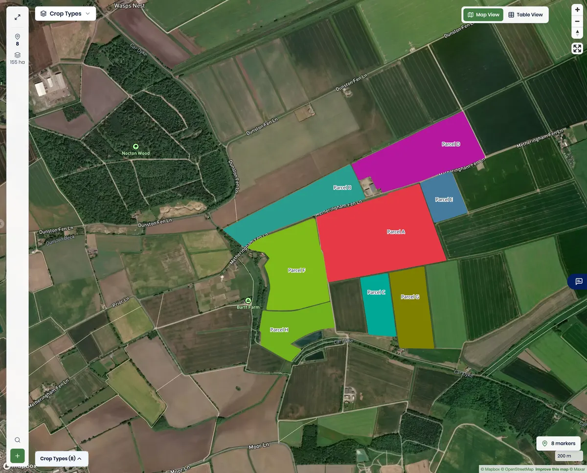 Genuine Better Yield map view showing eight crop-coloured parcels over satellite imagery.