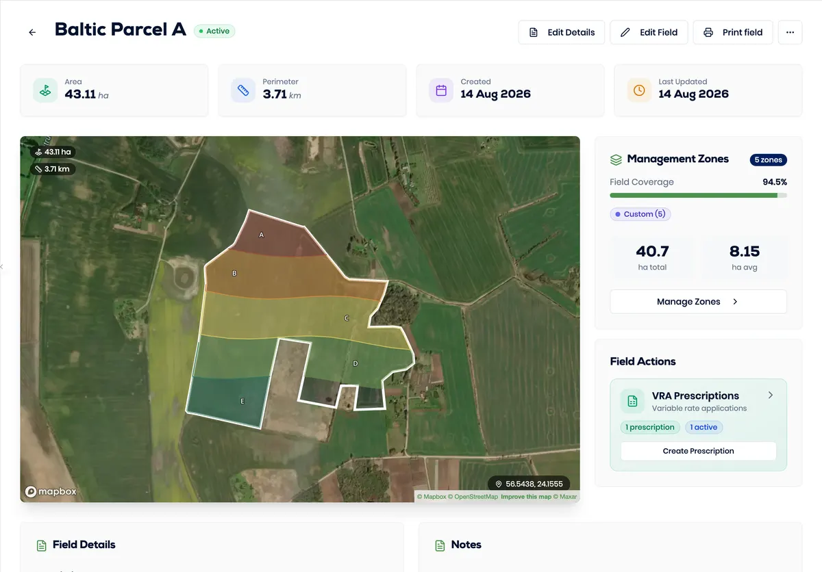 Genuine Better Yield field view with several fictional irregular boundaries and one selected field.