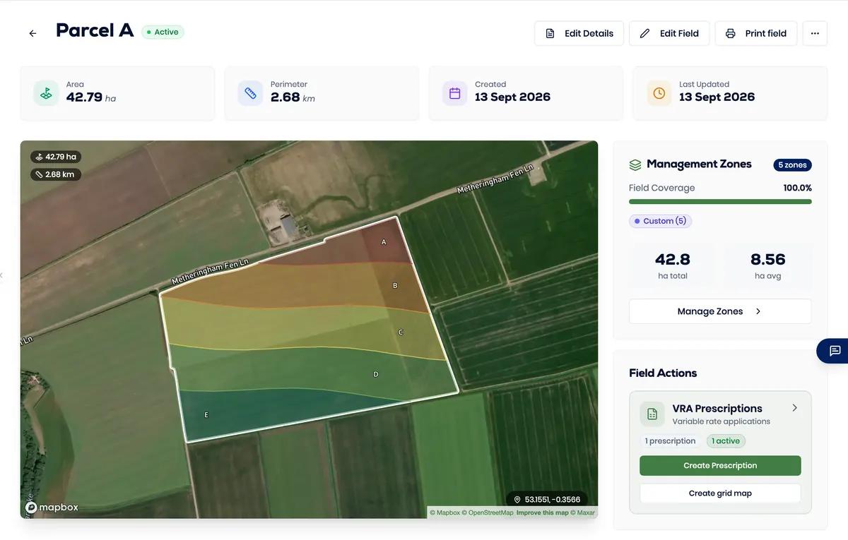 Genuine Better Yield field view with several irregular boundaries and one selected field.