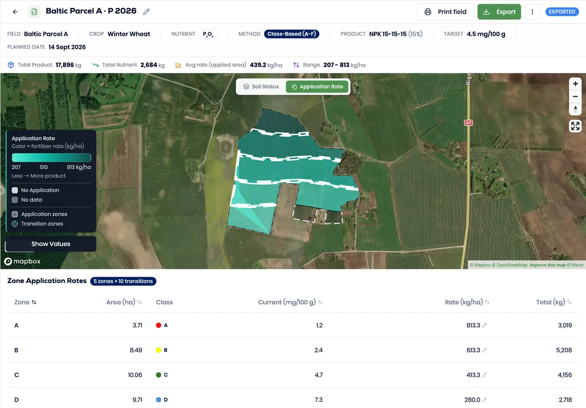 Genuine Better Yield interface showing a fictional irregular field with labelled variable rates.
