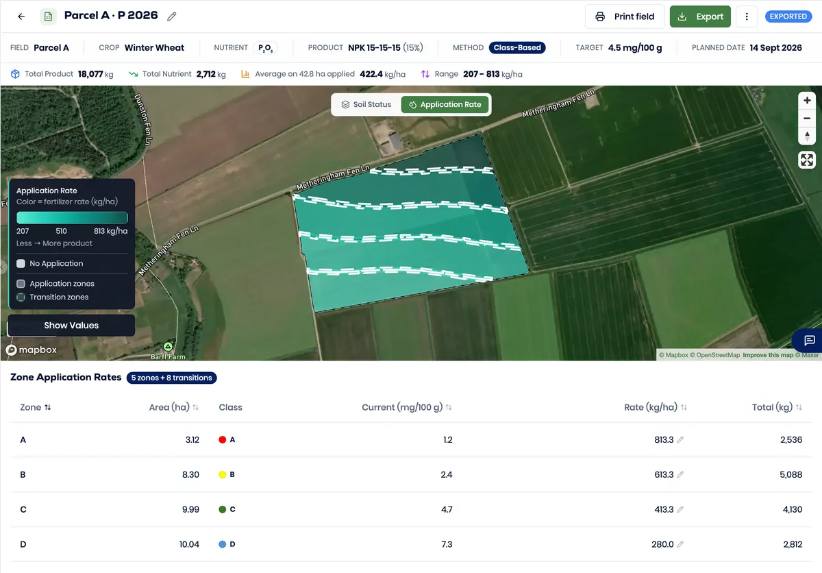 Genuine Better Yield interface showing an irregular field with labelled variable rates.