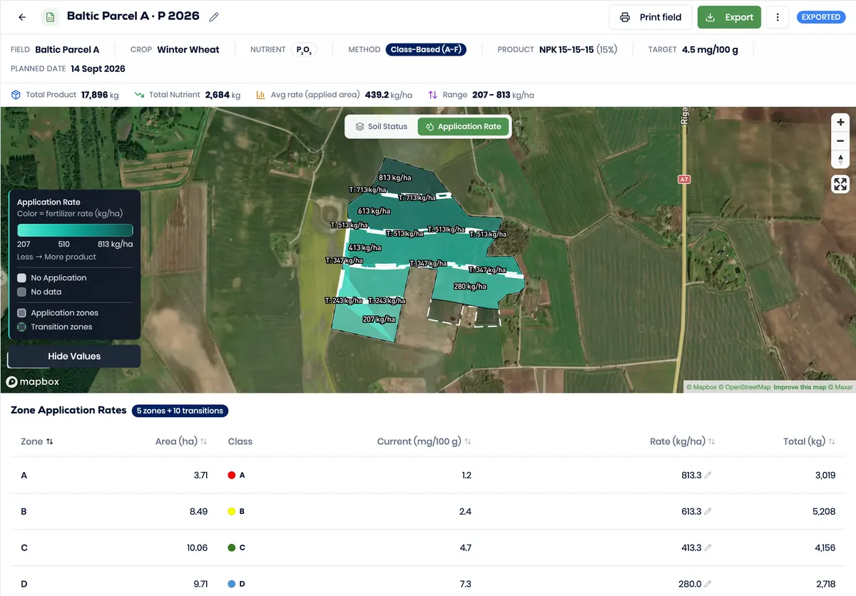 Genuine Better Yield variable-rate plan with labelled fictional rates across an irregular field.