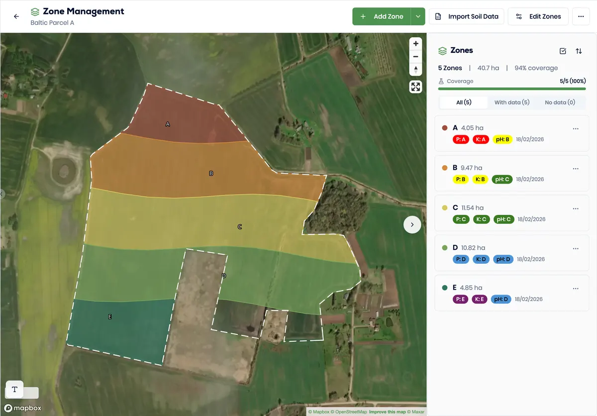 Genuine Better Yield zone management view with five colour-coded fictional zones labelled A to E on Baltic Parcel A.