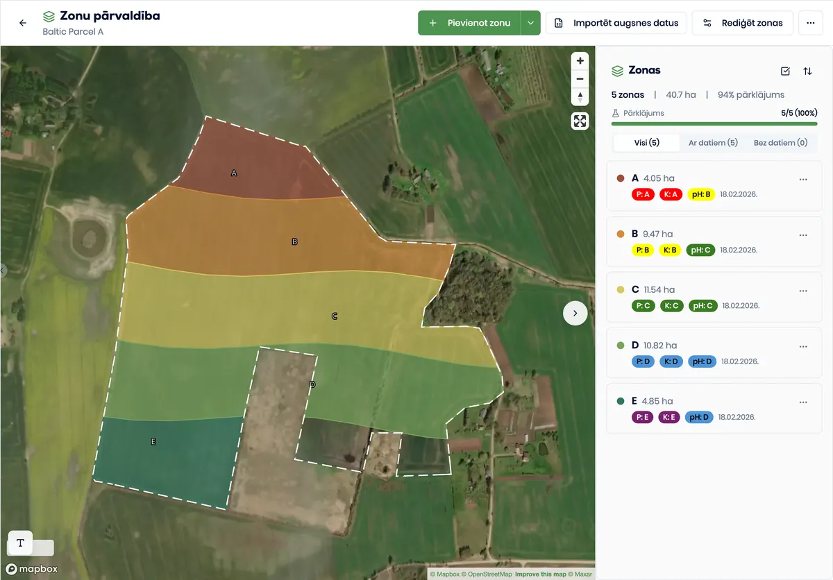 Īsts Better Yield zonu pārvaldības skats ar piecām krāsu kodētām fiktīvām zonām no A līdz E laukā Baltic Parcel A.